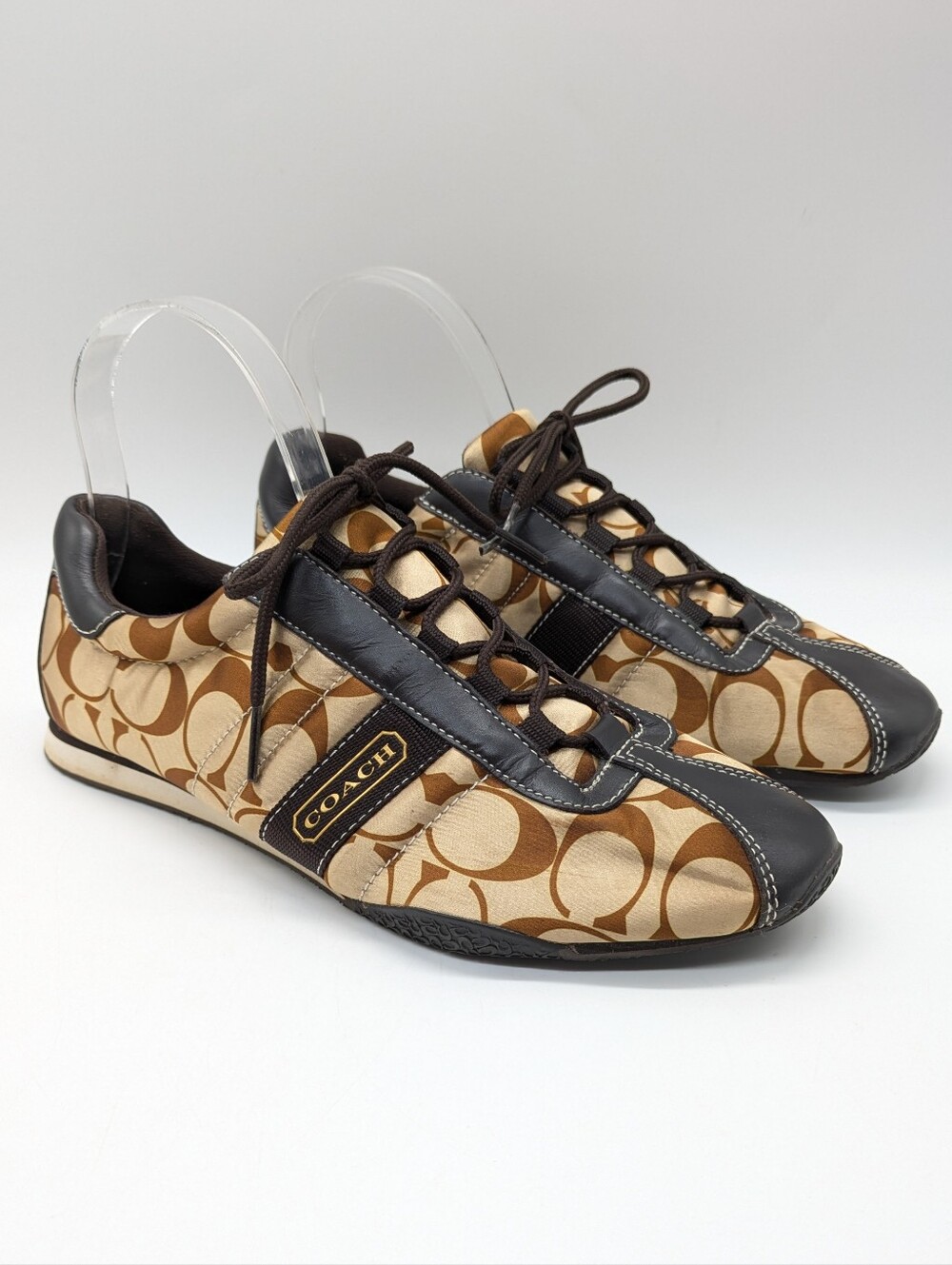 Coach Kirby Y2K Brown Tan Sateen Logo Print Lace Up Shoe 8.5